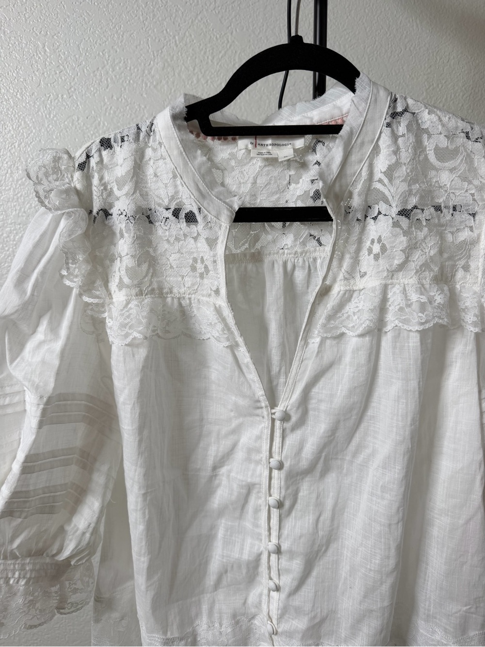 Anthropologie Cream Lace-Trim Puff Sleeve Blouse - Picture 6 of 12